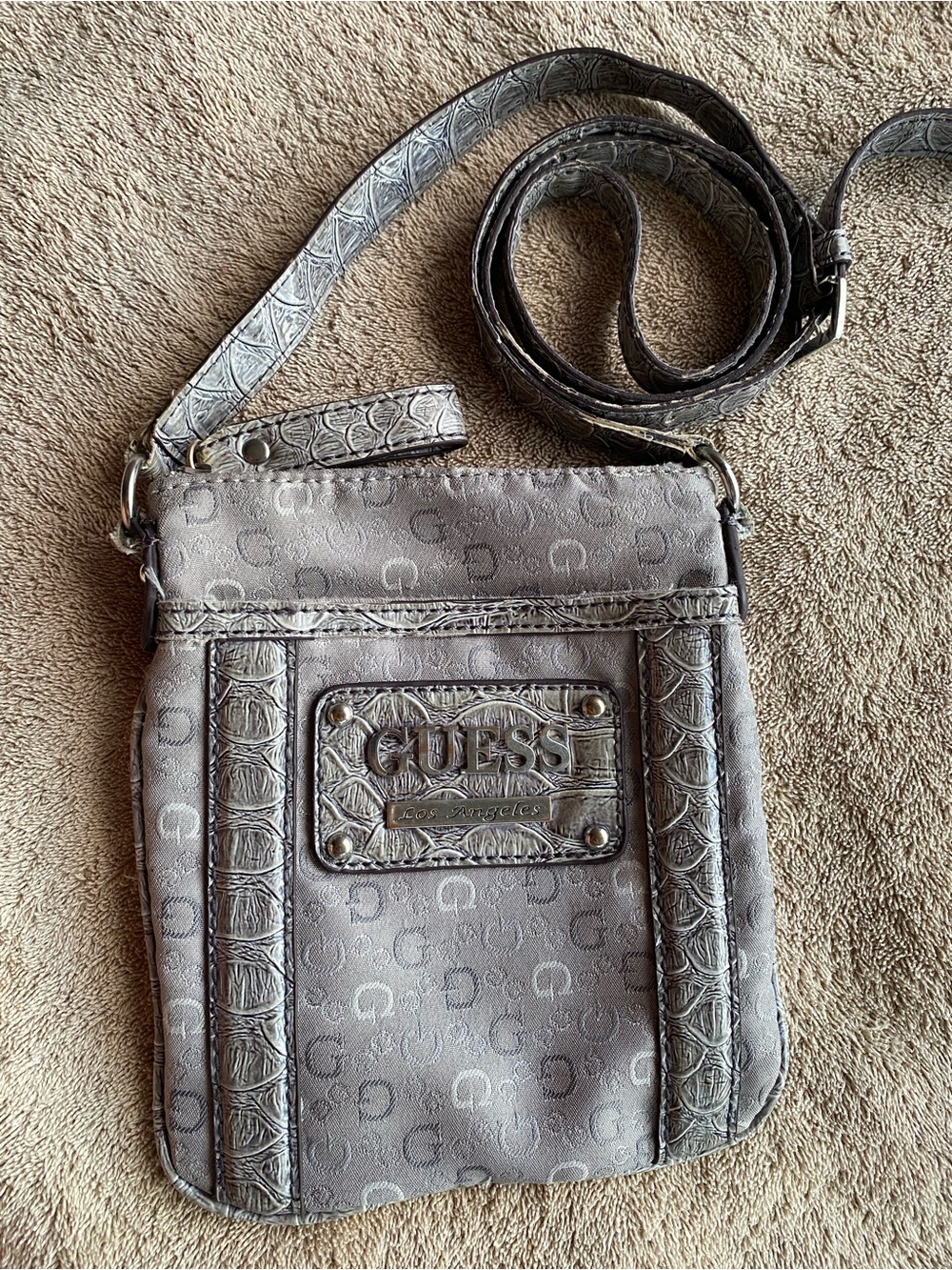 Vintage GUESS Monogram Crossbody Bag Grey Faux Crocodile Trim Y2K